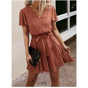 Butterfly Sleeve Ruffle Hem Belted Dress